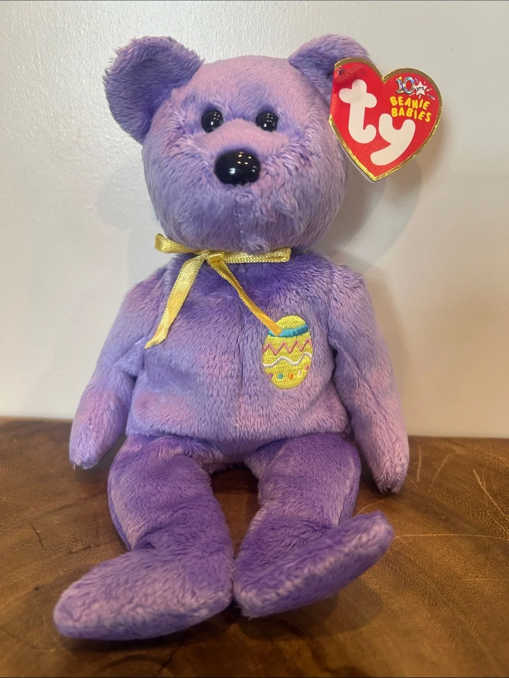 Ty Purple Beanie Baby Plush Bear with Gold Bow and Embroidered Egg